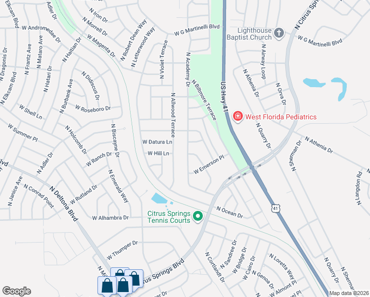 map of restaurants, bars, coffee shops, grocery stores, and more near 10364 North Academy Drive in Citrus Springs