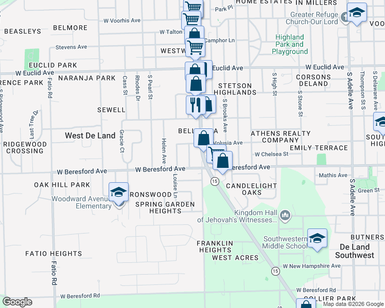 map of restaurants, bars, coffee shops, grocery stores, and more near 806 South Spring Garden Avenue in DeLand