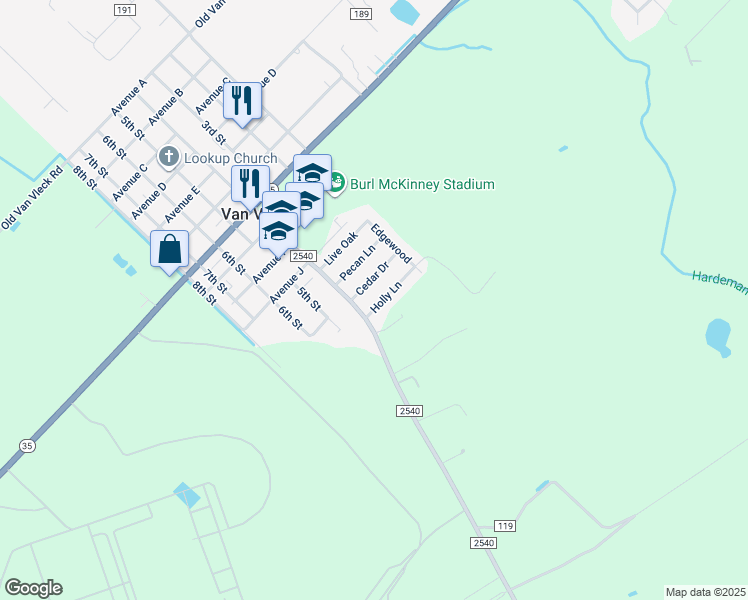 map of restaurants, bars, coffee shops, grocery stores, and more near 117 Holly Lane in Van Vleck