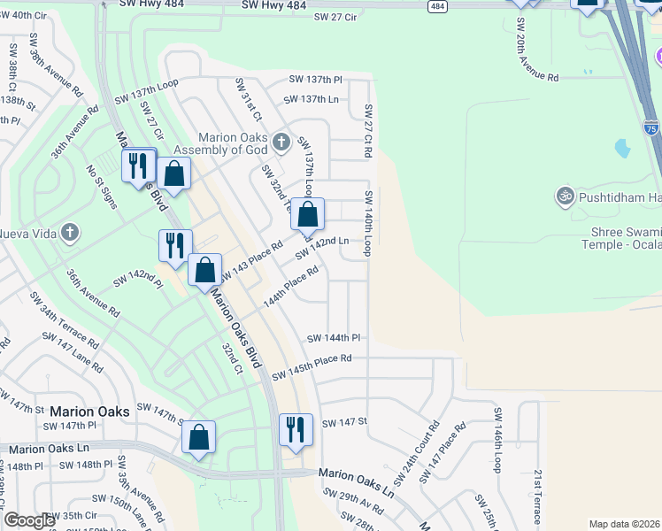 map of restaurants, bars, coffee shops, grocery stores, and more near 14249 Southwest 32nd Terrace Road in Ocala