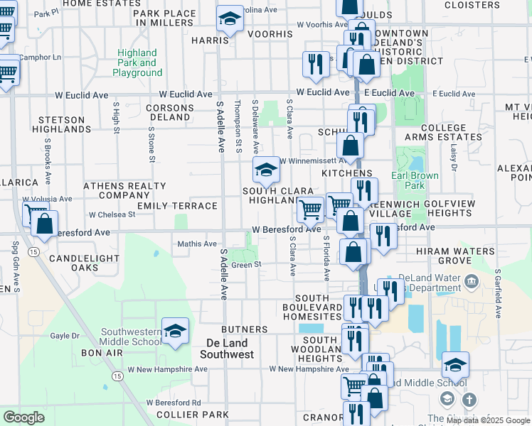 map of restaurants, bars, coffee shops, grocery stores, and more near 730 South Parsons Avenue in DeLand