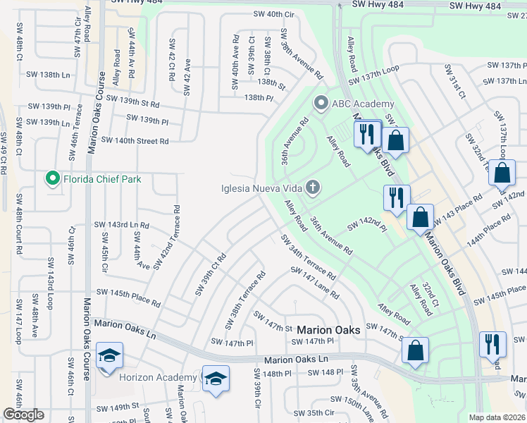 map of restaurants, bars, coffee shops, grocery stores, and more near 14287 Southwest 39th Terrace in Ocala