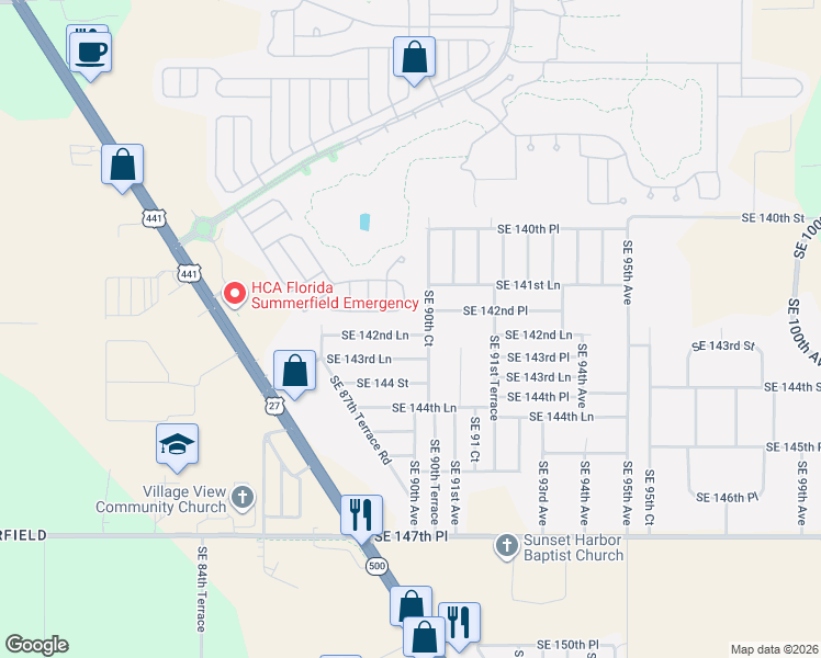 map of restaurants, bars, coffee shops, grocery stores, and more near 9015 Southeast 142nd Lane in Summerfield