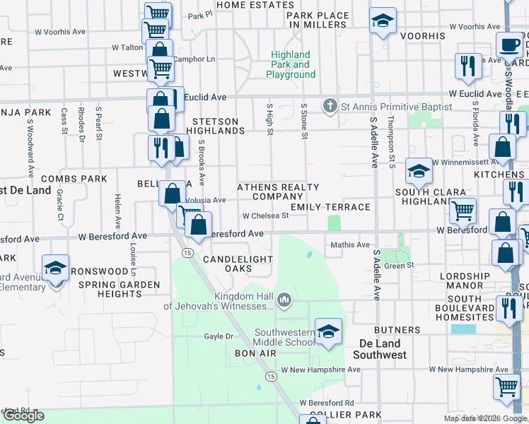 map of restaurants, bars, coffee shops, grocery stores, and more near 801 West Chelsea Street in DeLand
