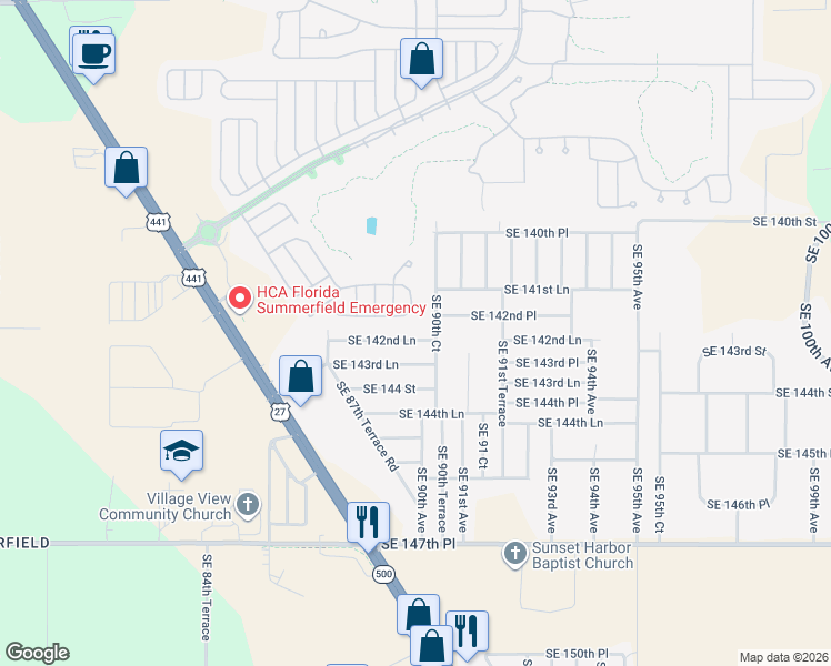 map of restaurants, bars, coffee shops, grocery stores, and more near 9015 Southeast 142nd Lane in Summerfield