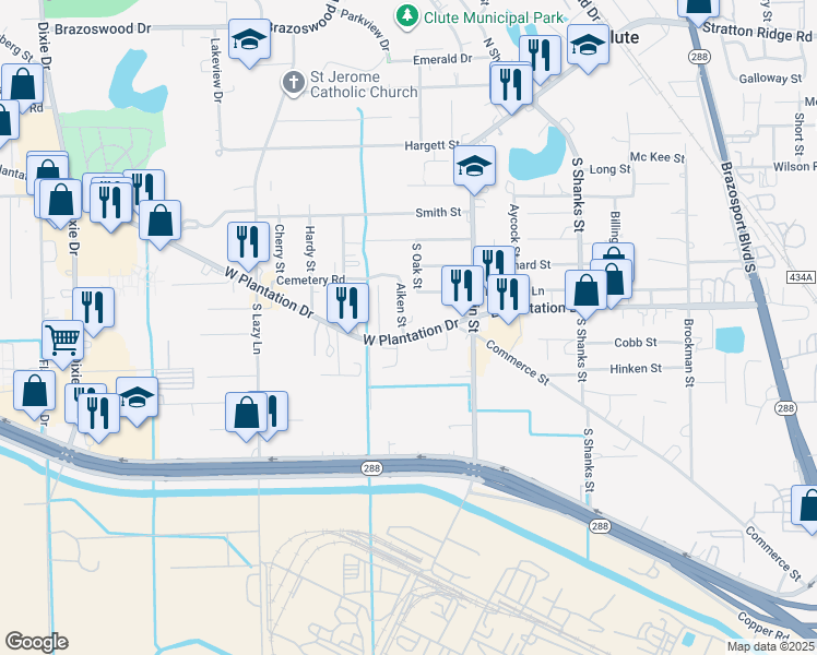 map of restaurants, bars, coffee shops, grocery stores, and more near 230 West Plantation Drive in Clute