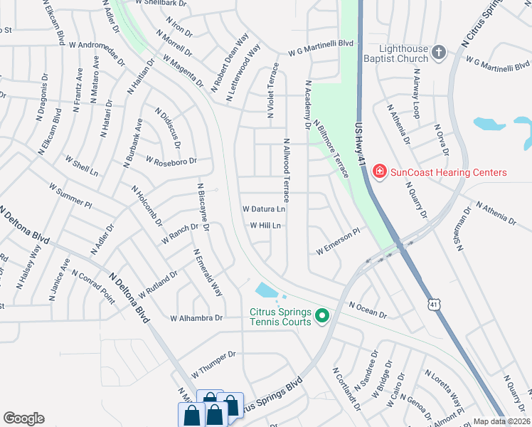map of restaurants, bars, coffee shops, grocery stores, and more near 1651 West Hill Lane in Citrus Springs