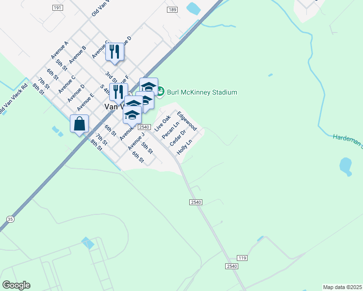 map of restaurants, bars, coffee shops, grocery stores, and more near 117 Holly Lane in Van Vleck