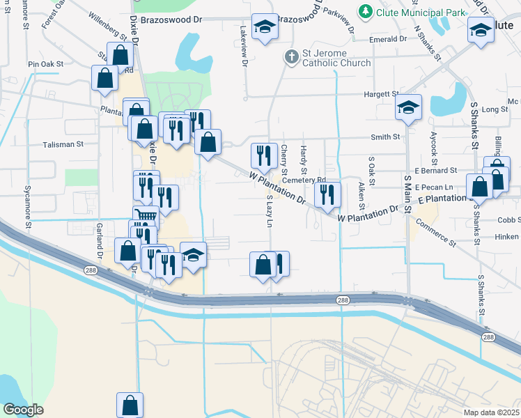map of restaurants, bars, coffee shops, grocery stores, and more near 708 Austin St in Clute