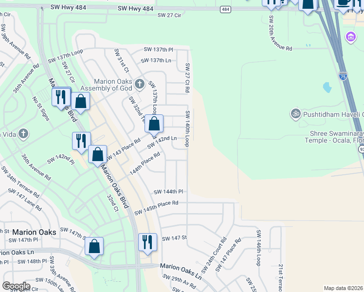 map of restaurants, bars, coffee shops, grocery stores, and more near 2947 Southwest 140th Loop in Ocala