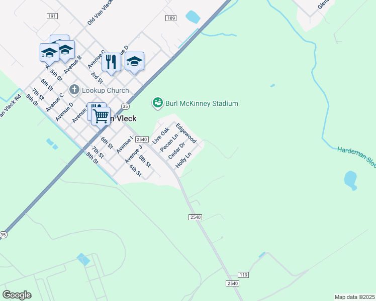map of restaurants, bars, coffee shops, grocery stores, and more near 24 Edgebrook in Van Vleck