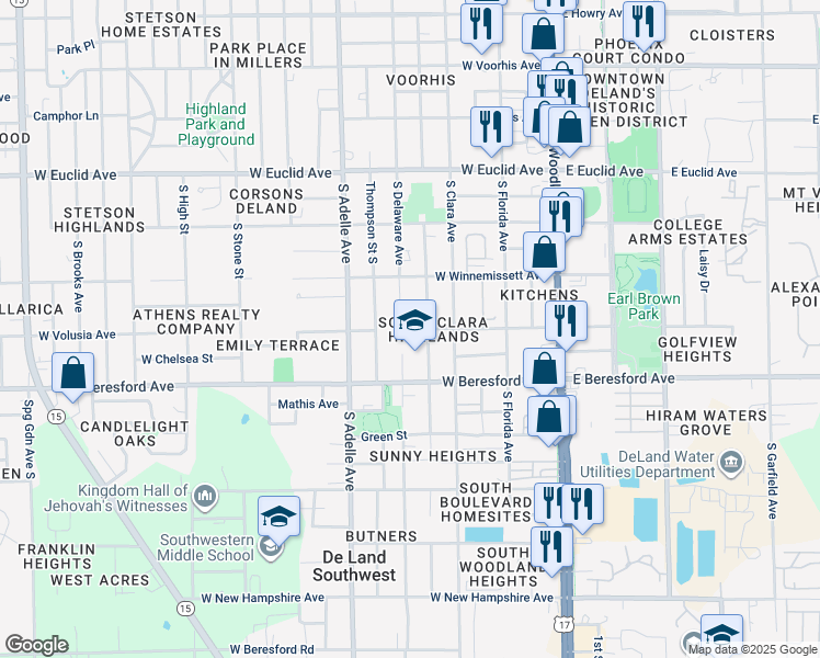 map of restaurants, bars, coffee shops, grocery stores, and more near 730 South Parsons Avenue in DeLand