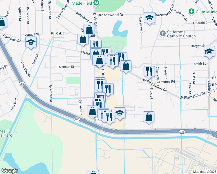 map of restaurants, bars, coffee shops, grocery stores, and more near 635 Dixie Drive in Clute