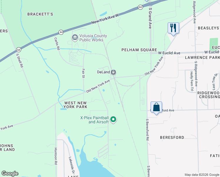 map of restaurants, bars, coffee shops, grocery stores, and more near 2532 Old New York Ave in DeLand