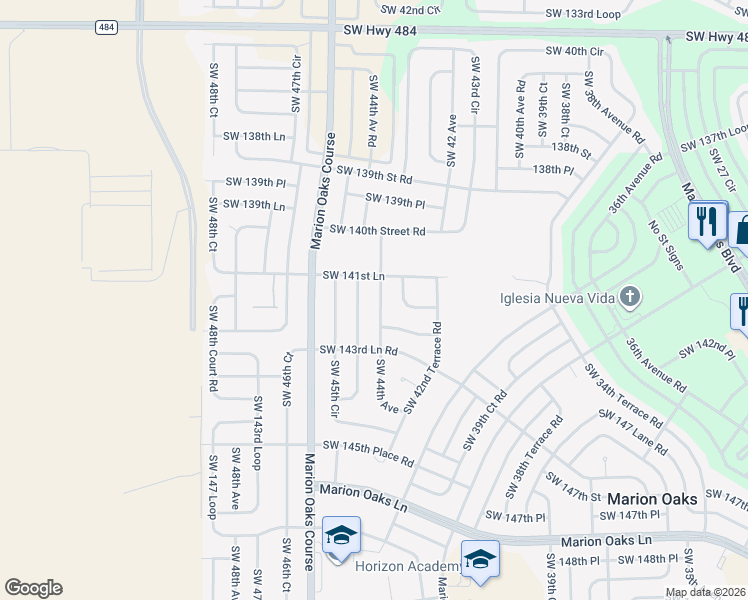 map of restaurants, bars, coffee shops, grocery stores, and more near 14188 Southwest 44th Court in Ocala