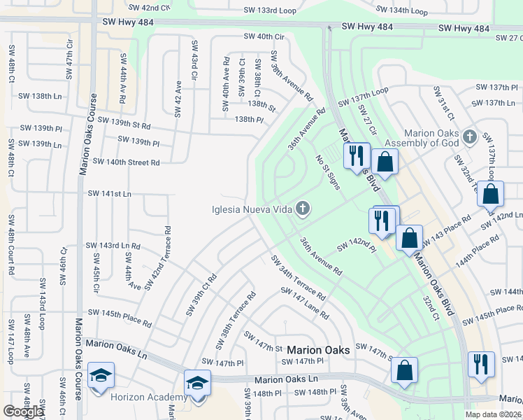 map of restaurants, bars, coffee shops, grocery stores, and more near 14185 Southwest 43rd Court Road in Ocala