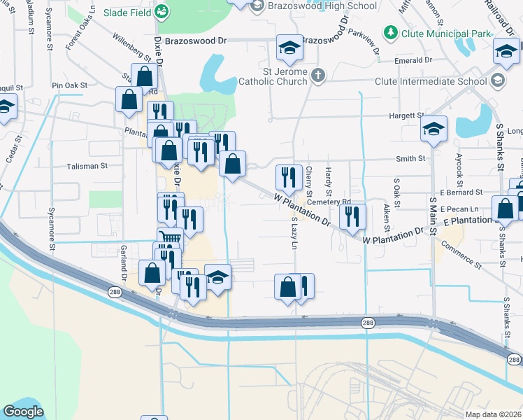 map of restaurants, bars, coffee shops, grocery stores, and more near 833 Nursery Street in Clute