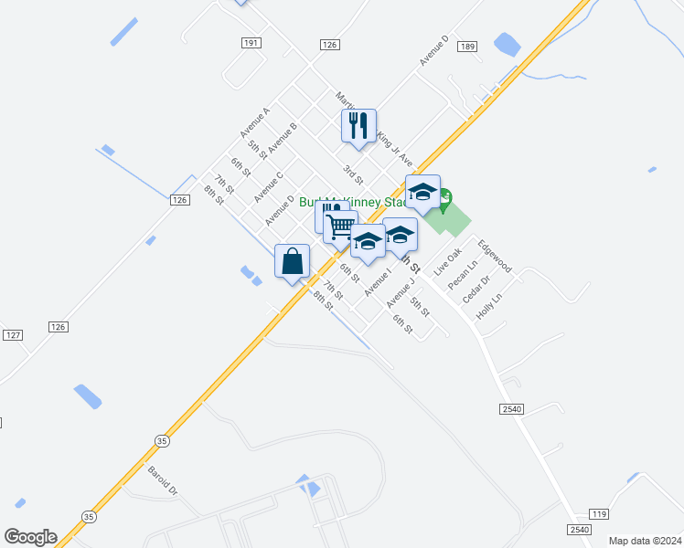 map of restaurants, bars, coffee shops, grocery stores, and more near 123 Avenue H in Van Vleck