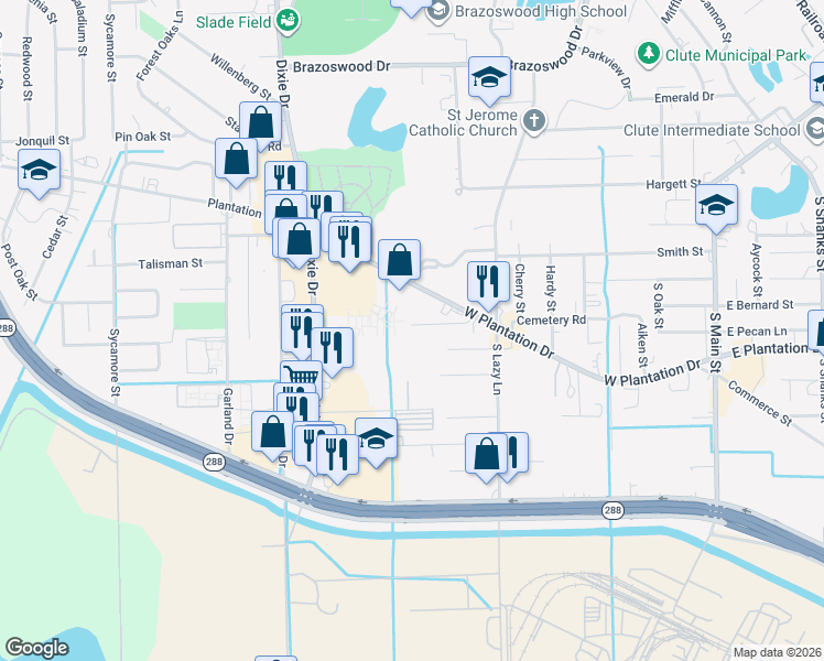 map of restaurants, bars, coffee shops, grocery stores, and more near 857 Nursery Street in Clute