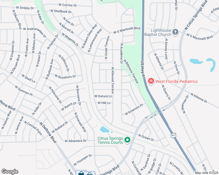 map of restaurants, bars, coffee shops, grocery stores, and more near 1571 West Alexander Drive in Citrus Springs