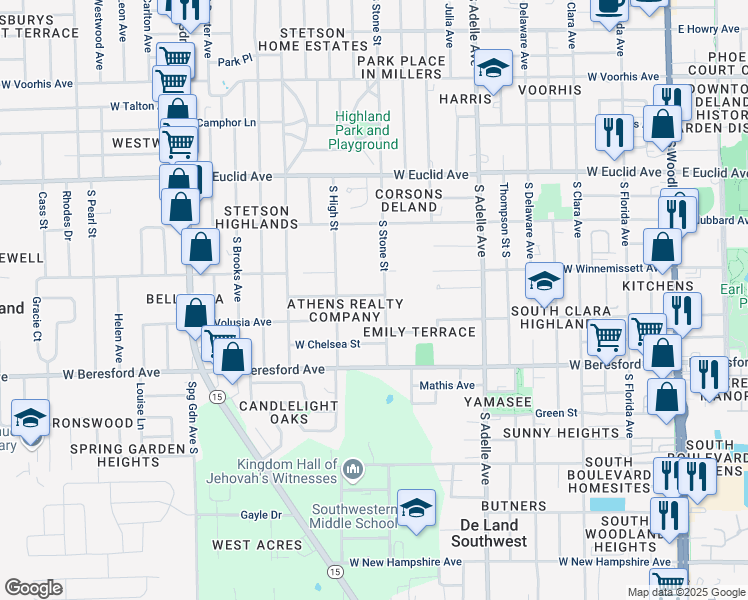 map of restaurants, bars, coffee shops, grocery stores, and more near 706 West Franklin Avenue in DeLand