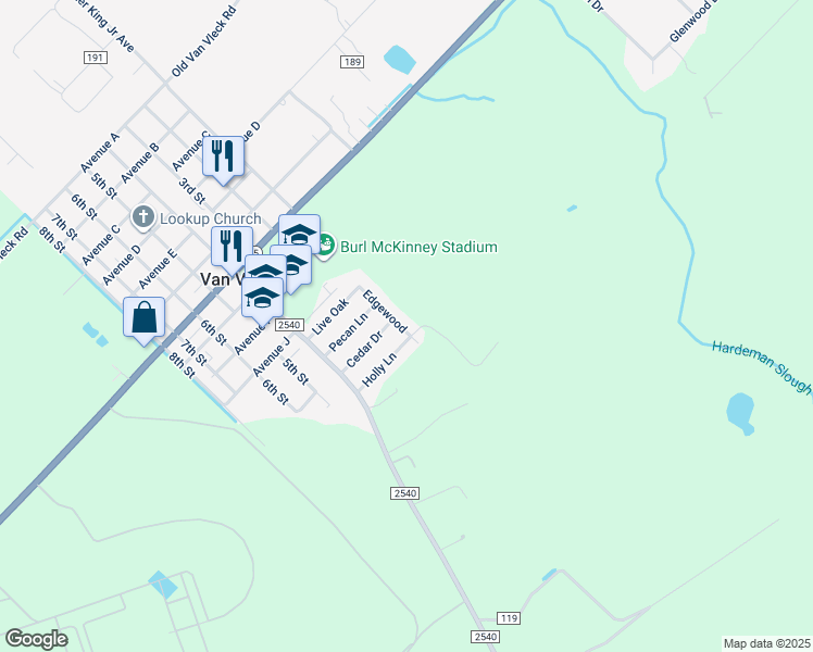 map of restaurants, bars, coffee shops, grocery stores, and more near 24 Edgebrook in Van Vleck