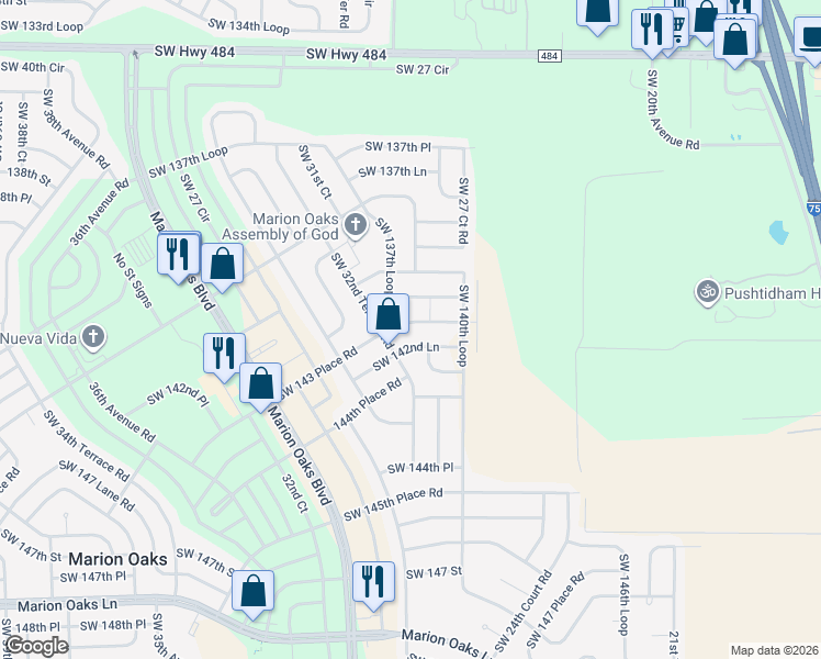 map of restaurants, bars, coffee shops, grocery stores, and more near 2863 Southwest 142nd Lane in Ocala