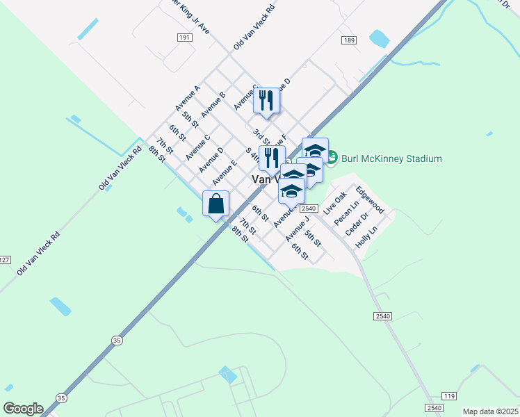map of restaurants, bars, coffee shops, grocery stores, and more near 123 Avenue H in Van Vleck