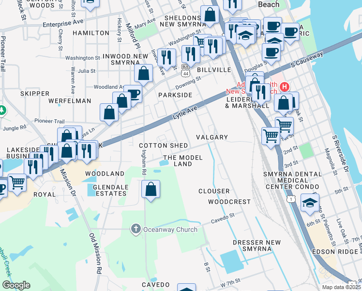 map of restaurants, bars, coffee shops, grocery stores, and more near 401 Slaton Street in New Smyrna Beach