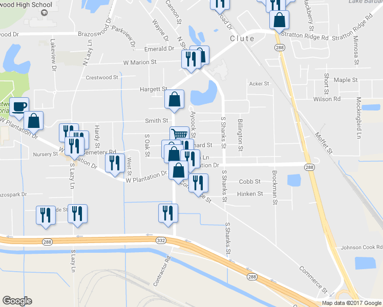 map of restaurants, bars, coffee shops, grocery stores, and more near 138 East Pecan Lane in Clute