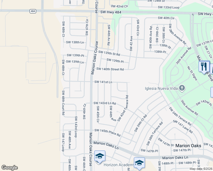 map of restaurants, bars, coffee shops, grocery stores, and more near 14188 Southwest 44th Court in Ocala
