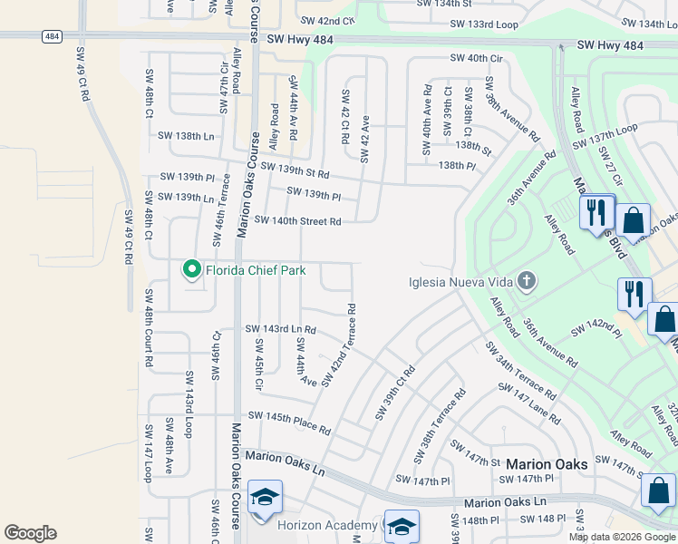map of restaurants, bars, coffee shops, grocery stores, and more near 14191 Southwest 42nd Terrace Road in Ocala