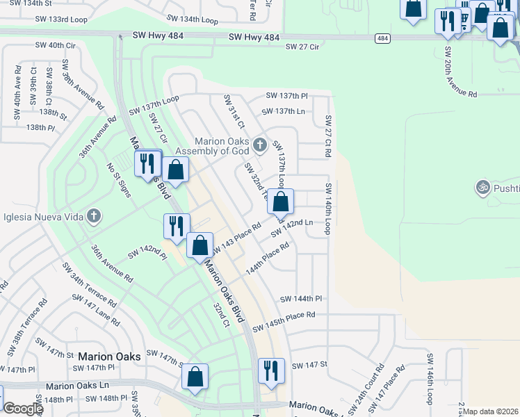 map of restaurants, bars, coffee shops, grocery stores, and more near 14171 Southwest 30th Terrace Road in Ocala