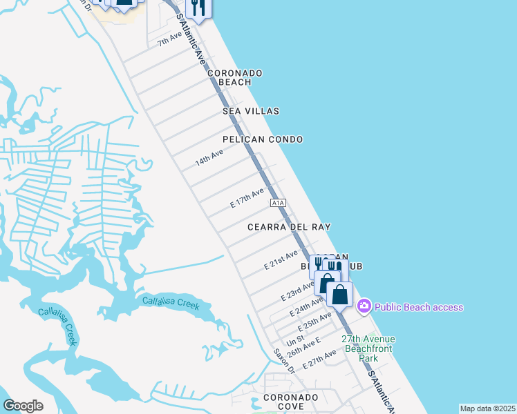 map of restaurants, bars, coffee shops, grocery stores, and more near 2810 South Atlantic Avenue in New Smyrna Beach