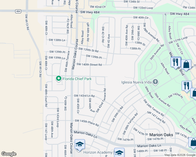 map of restaurants, bars, coffee shops, grocery stores, and more near 4311 Southwest 142nd Street Road in Ocala