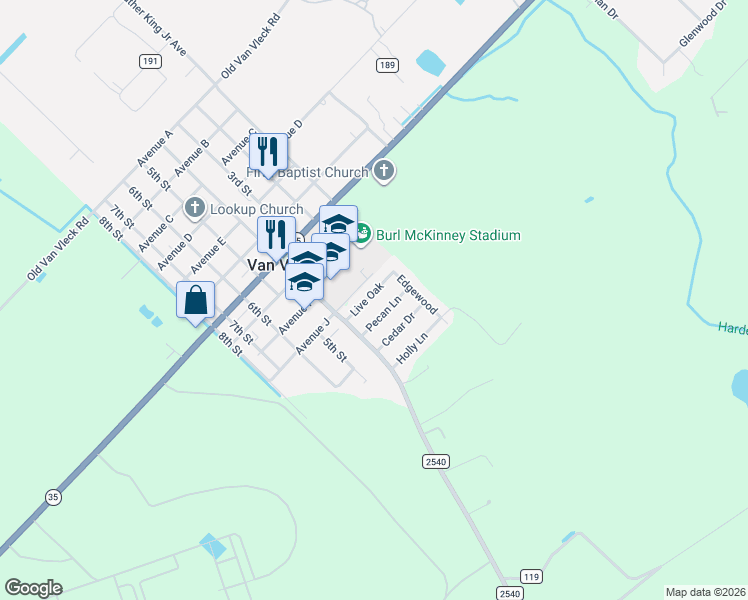 map of restaurants, bars, coffee shops, grocery stores, and more near 90 Live Oak in Van Vleck