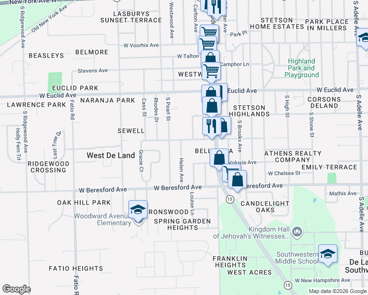 map of restaurants, bars, coffee shops, grocery stores, and more near 751 Helen Avenue in DeLand