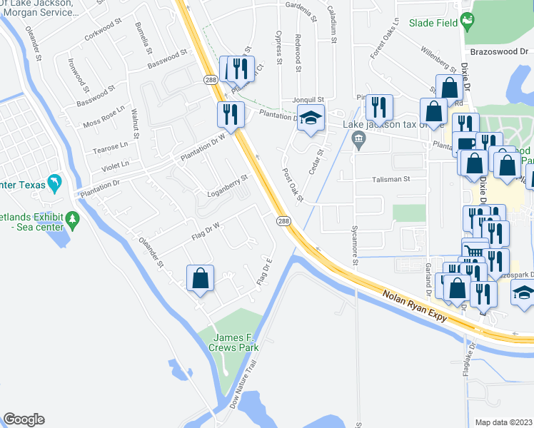 map of restaurants, bars, coffee shops, grocery stores, and more near Flag Drive in Lake Jackson