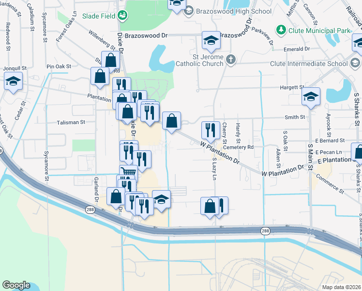 map of restaurants, bars, coffee shops, grocery stores, and more near 857 Nursery Street in Clute