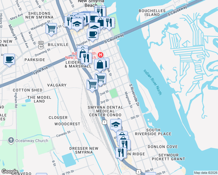 map of restaurants, bars, coffee shops, grocery stores, and more near 913 Palmetto Street in New Smyrna Beach