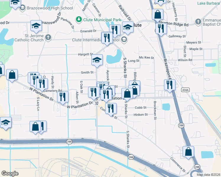 map of restaurants, bars, coffee shops, grocery stores, and more near 138 East Pecan Lane in Clute