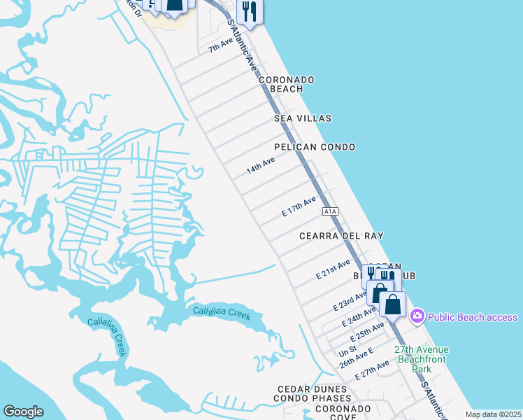 map of restaurants, bars, coffee shops, grocery stores, and more near 801 16th Avenue in New Smyrna Beach