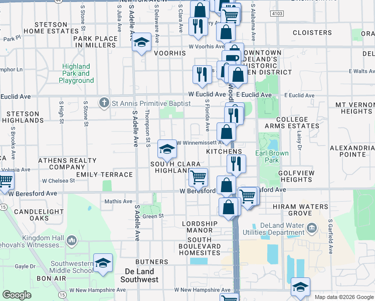 map of restaurants, bars, coffee shops, grocery stores, and more near 705 South Clara Avenue in DeLand