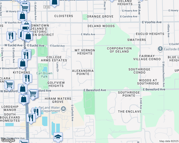 map of restaurants, bars, coffee shops, grocery stores, and more near 702 Gordonia Court in DeLand