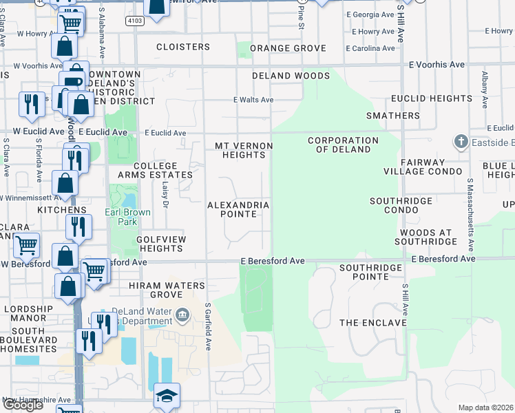 map of restaurants, bars, coffee shops, grocery stores, and more near 613 Gordonia Court in DeLand