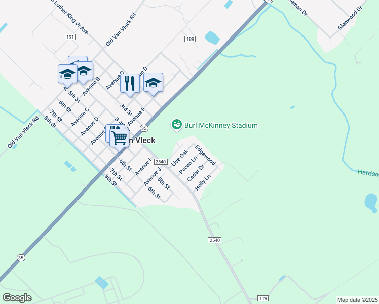 map of restaurants, bars, coffee shops, grocery stores, and more near 162 Edgewood Drive in Van Vleck