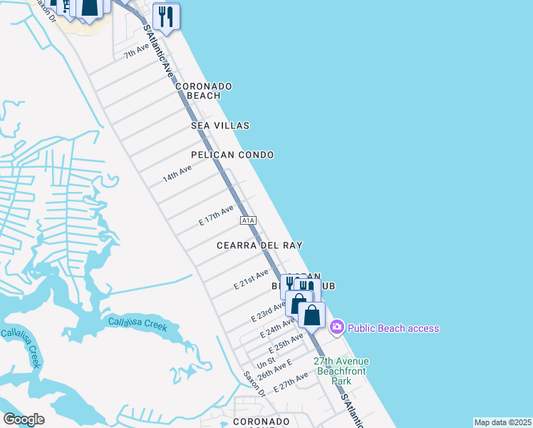 map of restaurants, bars, coffee shops, grocery stores, and more near 2707 Hill Street in New Smyrna Beach