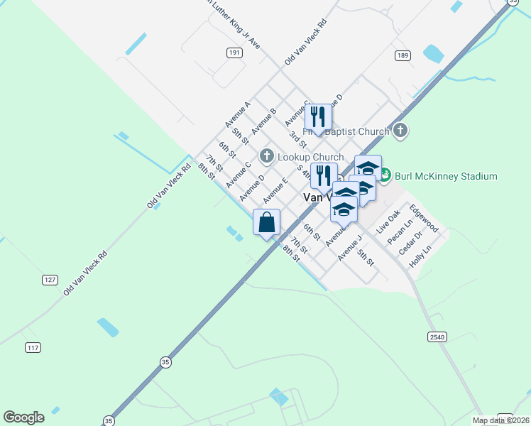 map of restaurants, bars, coffee shops, grocery stores, and more near 305 Avenue E in Van Vleck