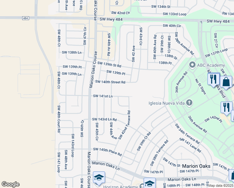 map of restaurants, bars, coffee shops, grocery stores, and more near 4345 141st Lane in Ocala