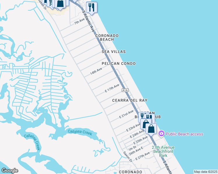map of restaurants, bars, coffee shops, grocery stores, and more near 833 16th Avenue in New Smyrna Beach
